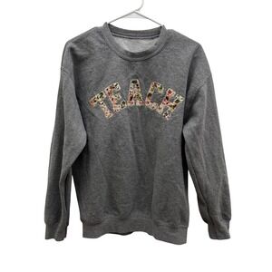 Rifle Paper Co Fabric TEACH Appliqué Grey Crewneck Sweatshirt Womens Size Medium